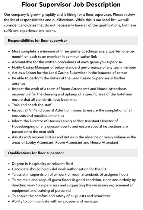 casino floor supervisor job description